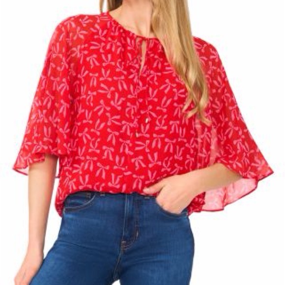 CeCe Tops - CeCe Red and Pink Bow 🎀 Print Blouse